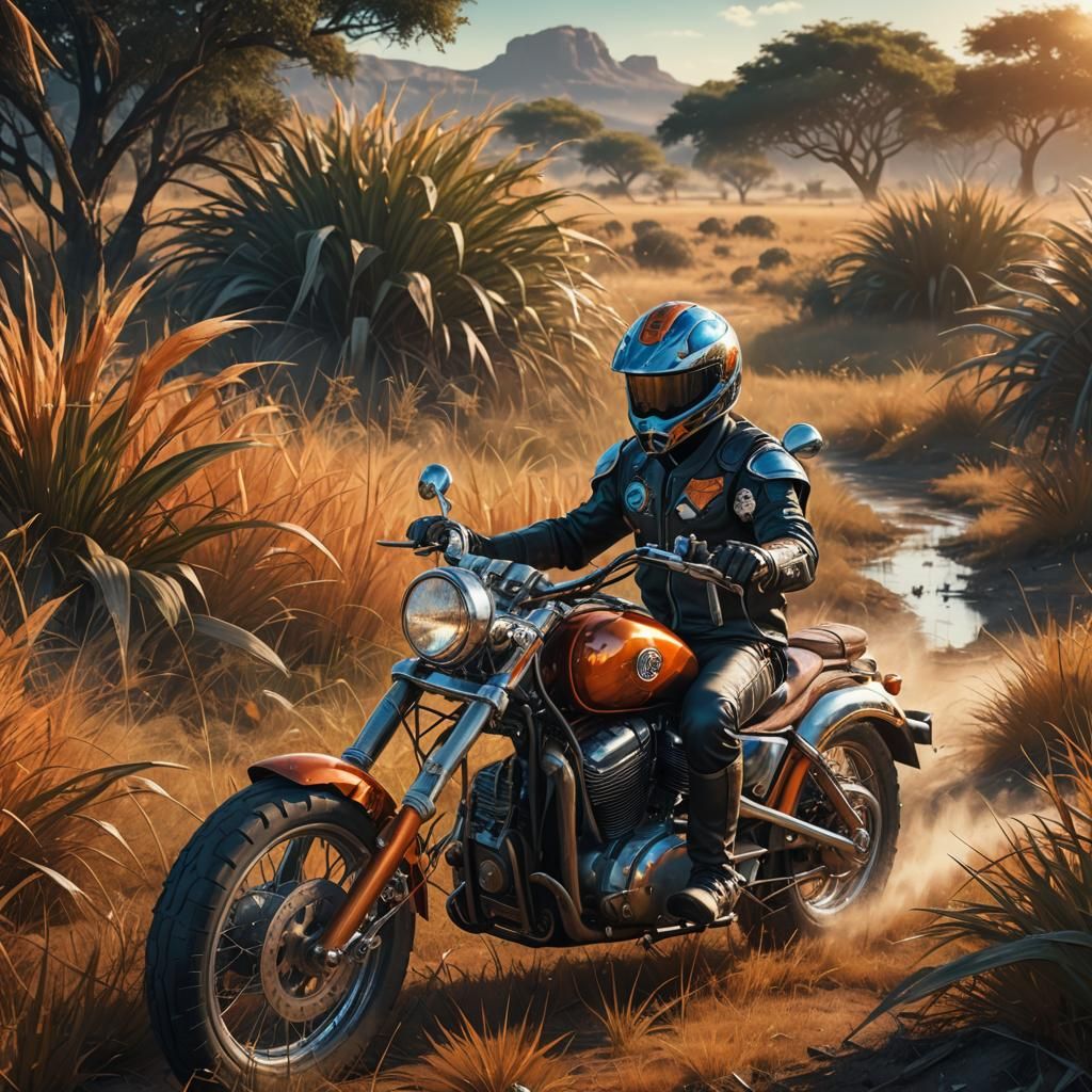Motorcycle in Savanna: Surreal Hyper-Realistic Digital Art