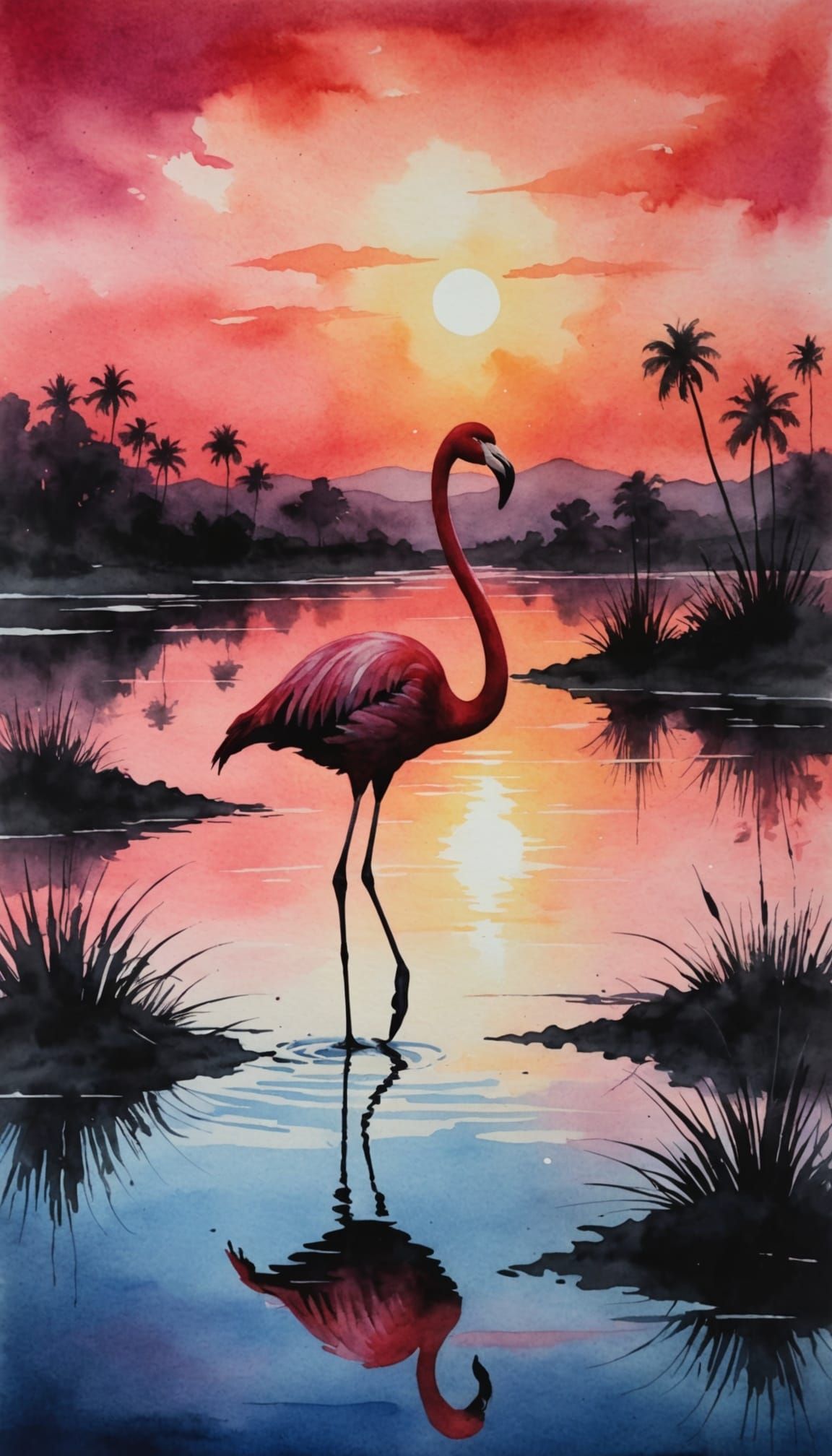 Watercolor Sunset Silhouette of Flamingo in Pond