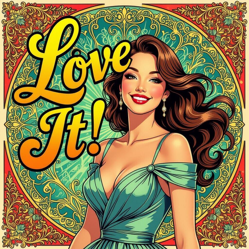 Beautiful Woman with "LOVE IT!" in Art Nouveau Style