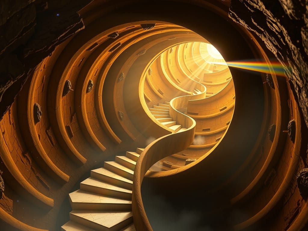 Golden Spiral Staircase Unfolds in Ancient Stone Tower