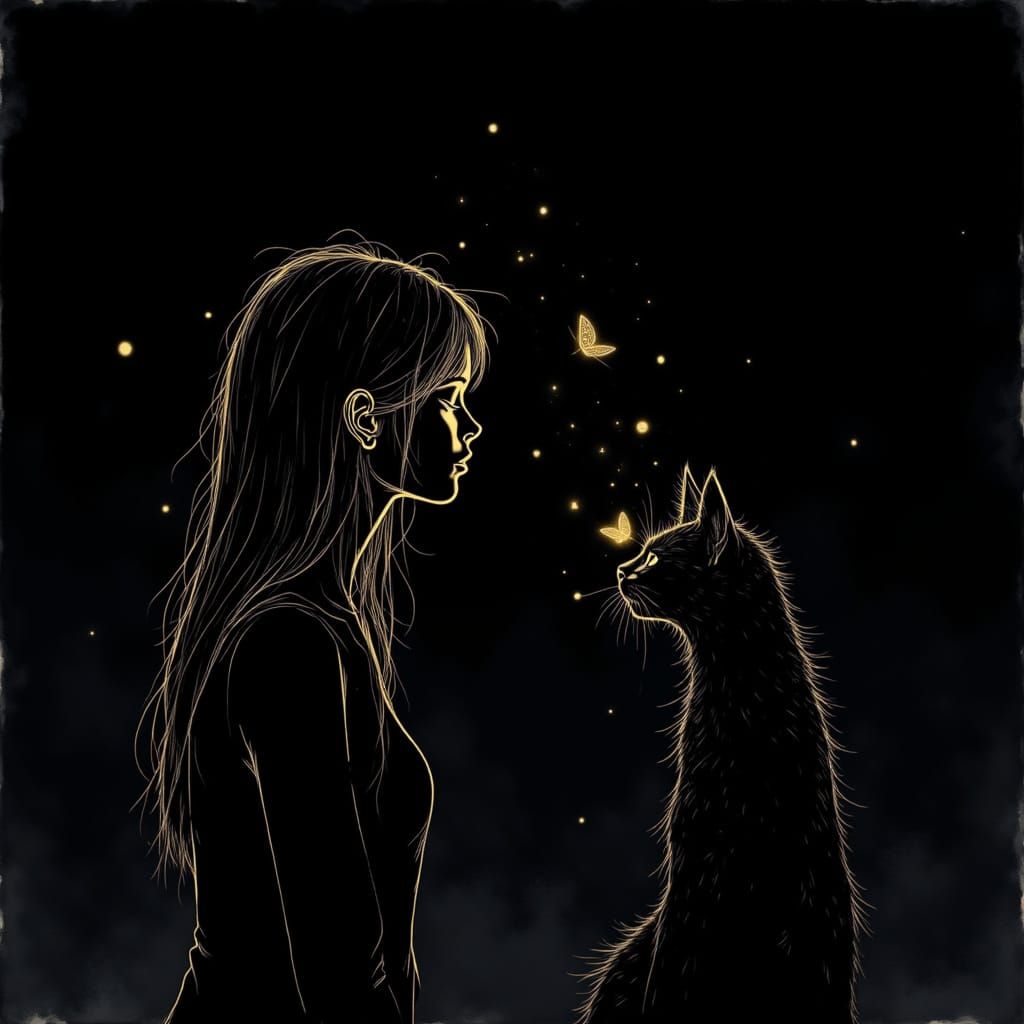 Ethereal Line Art: Girl and Cat with Butterfly