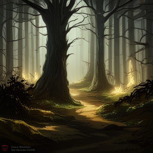 Chiaroscuro Ghost in Dark Pine Forest at Night