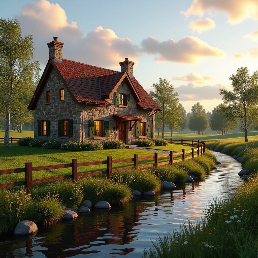 Charming Cottage by River in Hyper-Realistic Style