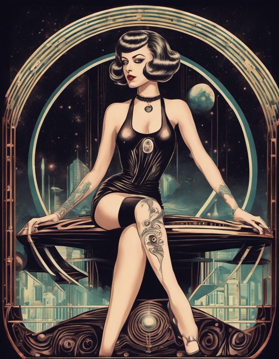 Art Deco Retro-Futuristic Pinup with Gothic Tattoos