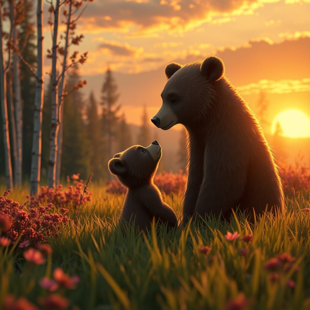 Baby brown bear in a meadow with birch trees and bushes, looking to his mom, great golden sunset, inspired by the animat...