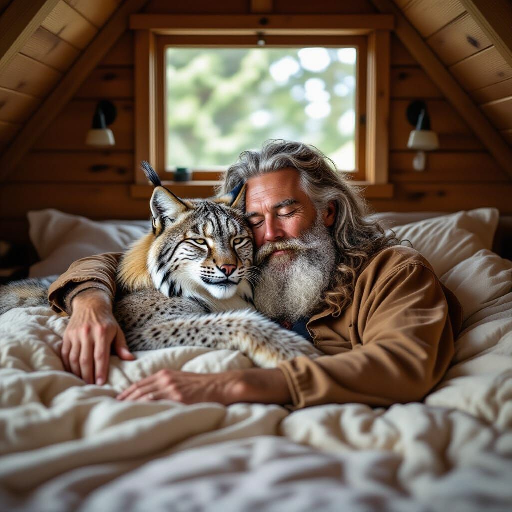 Peaceful Hippie Sleeps with Lynx Companion in Forest Cabin