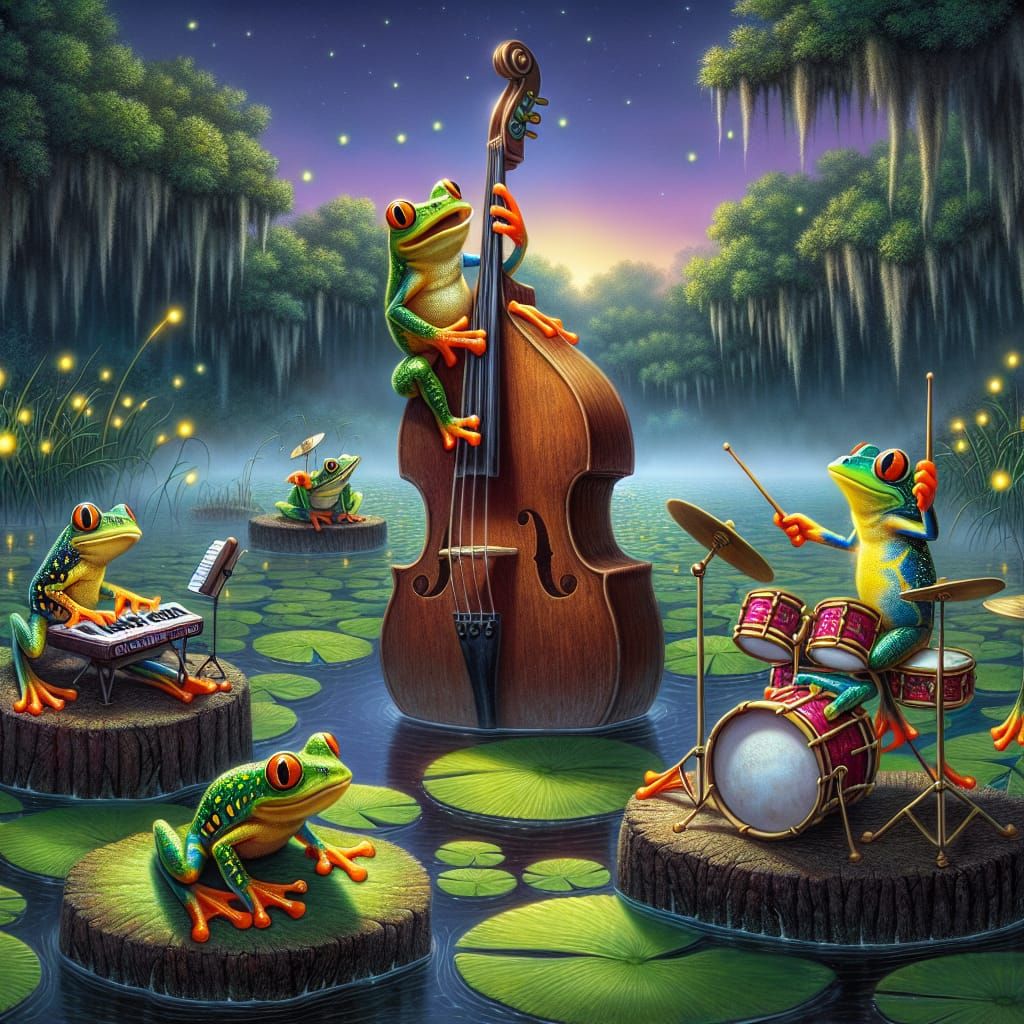 Frogs Jamming in Bayou at Twilight