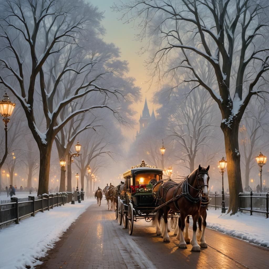 Horse Carriage in Winter Park: Kinkade-Inspired Oil Painting