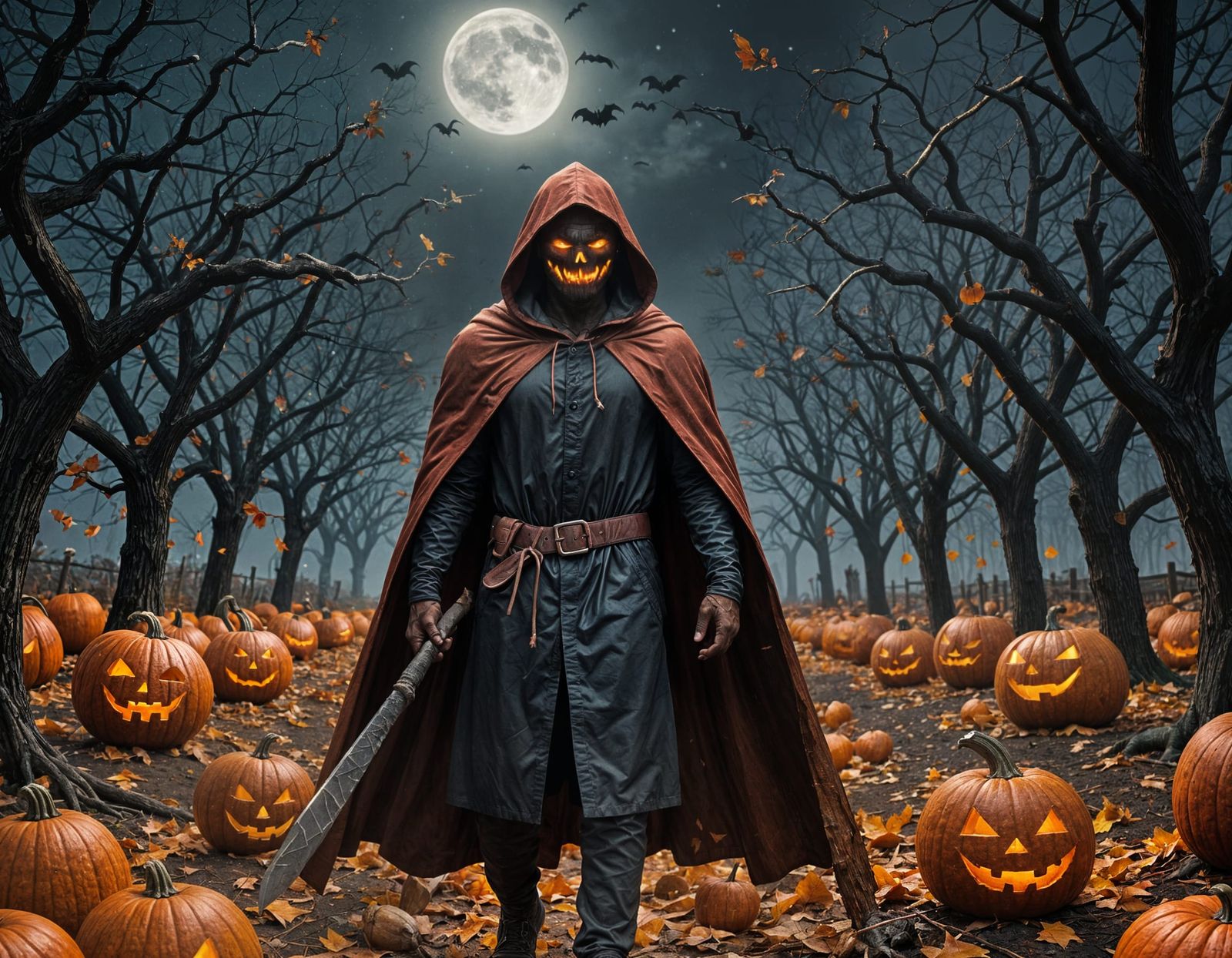 Halloween Pumpkin-Headed Man with Axe in Moonlight