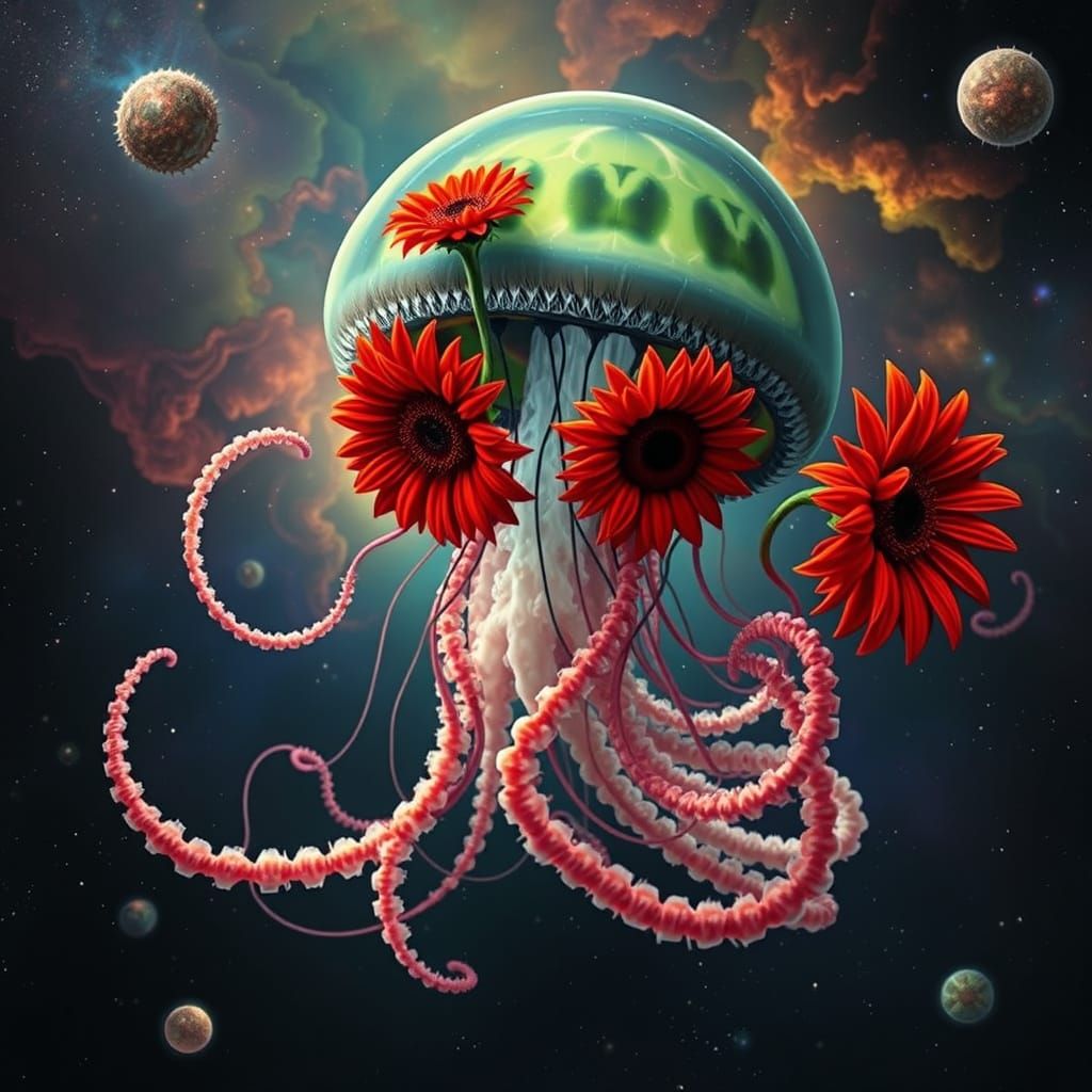 Surreal Alien Jellyfish Adorned with Sunflowers