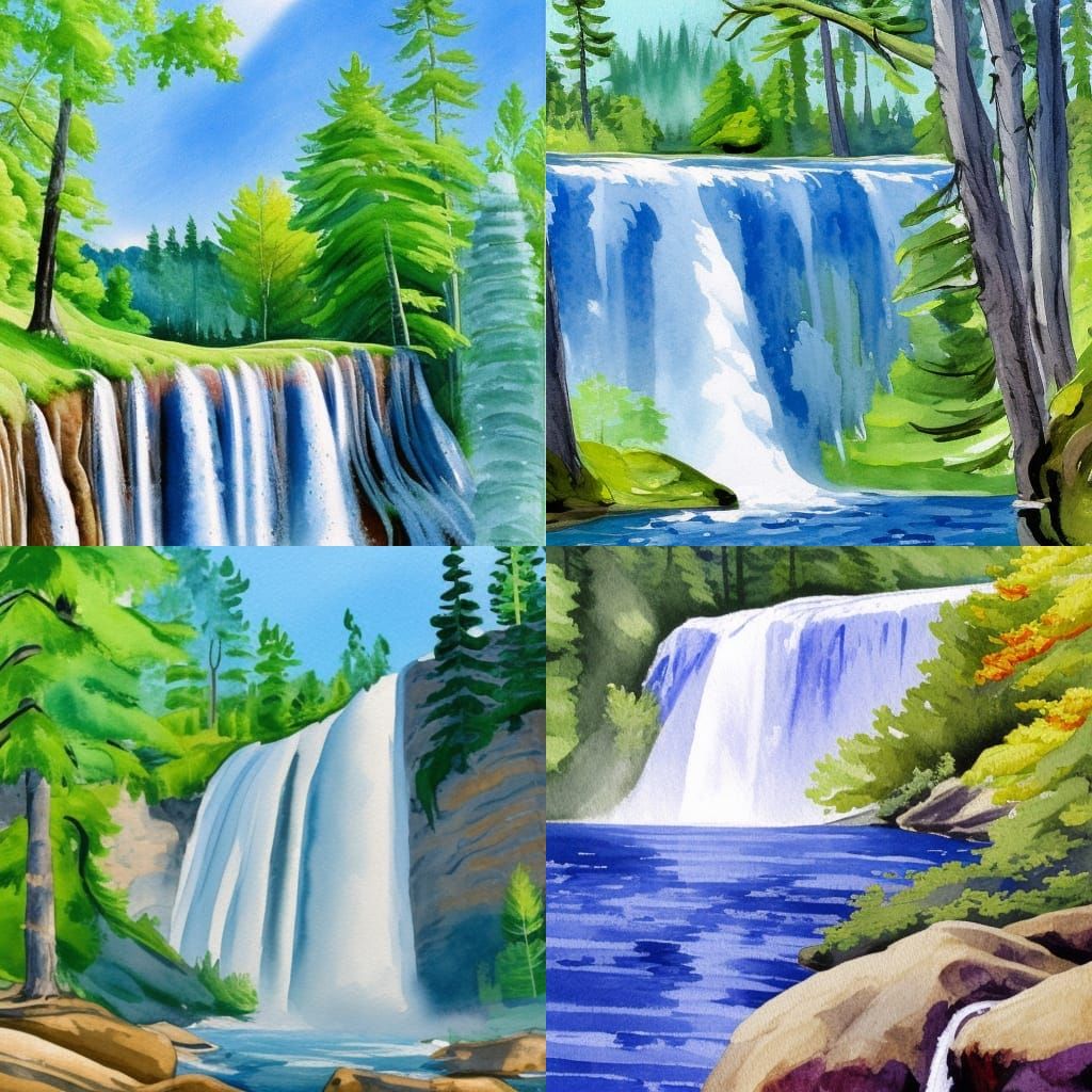 Michigan Waterfall in Spring: Gouache Impressionist Painting