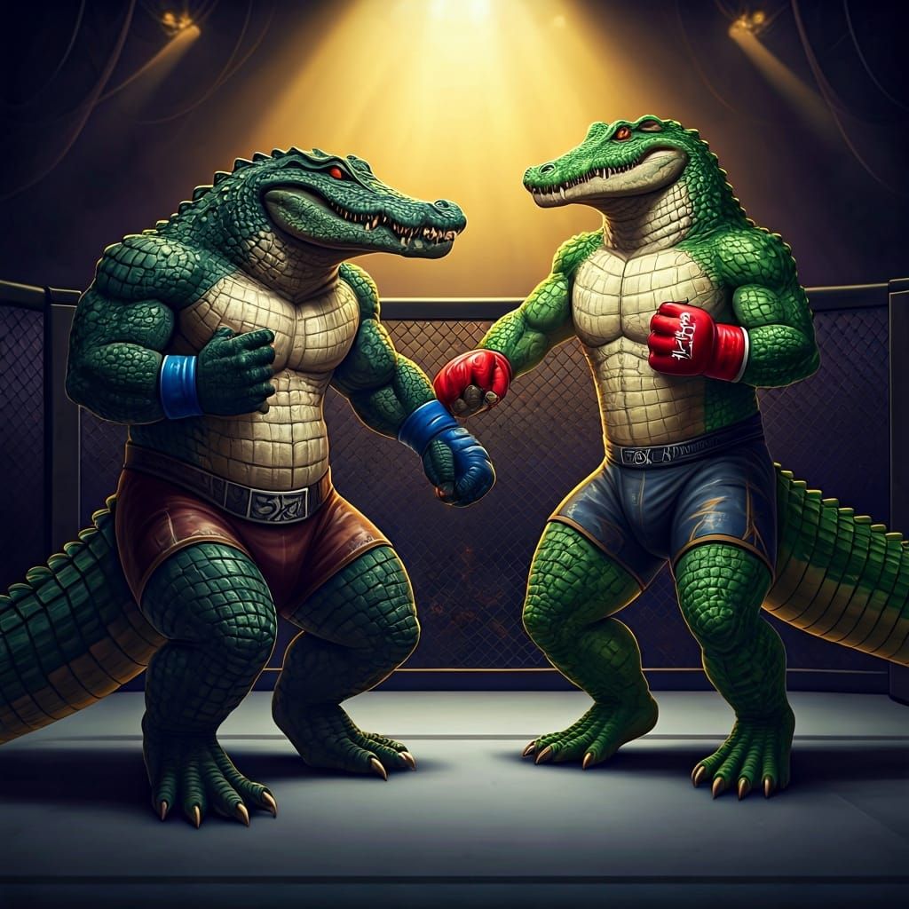 Alligator vs Crocodile MMA Fight in Dark Fantasy Style