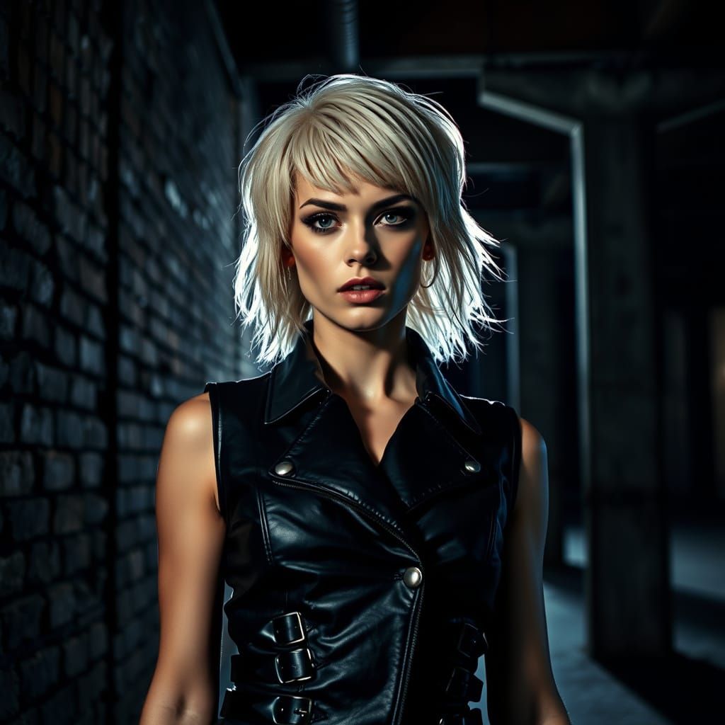 Confident Woman in Black Leather Jacket Against Gritty Indus...