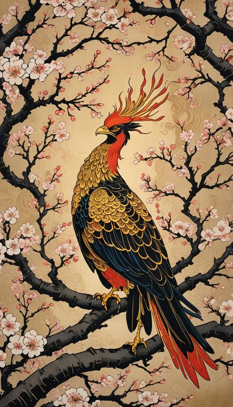 Majestic Phoenix Amidst Cherry Blossoms: Ukiyo-e Style