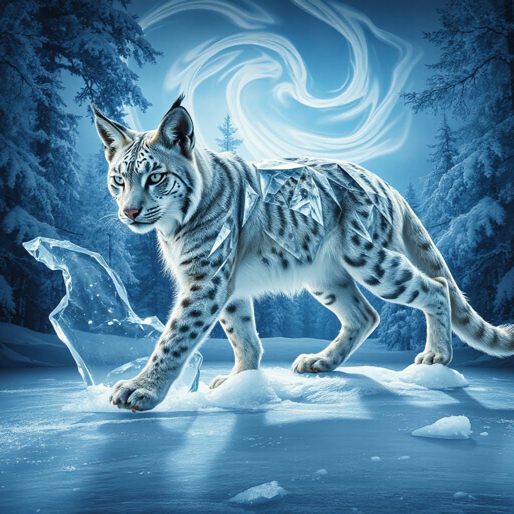 Crystalline Lynx Emerges from Frosted Mural in Ethereal Fant...