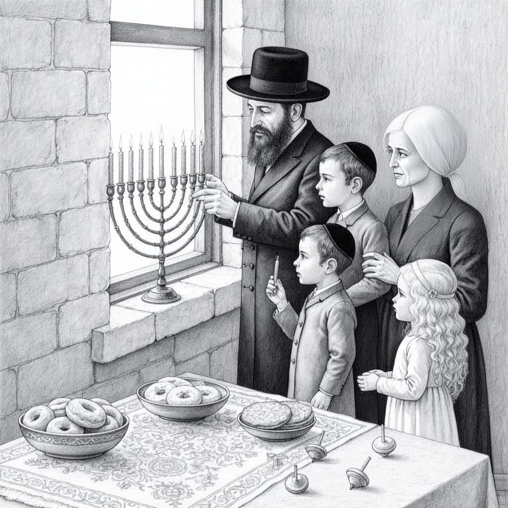 Chasidic Father Lights Chanukah Candles in Pencil Art