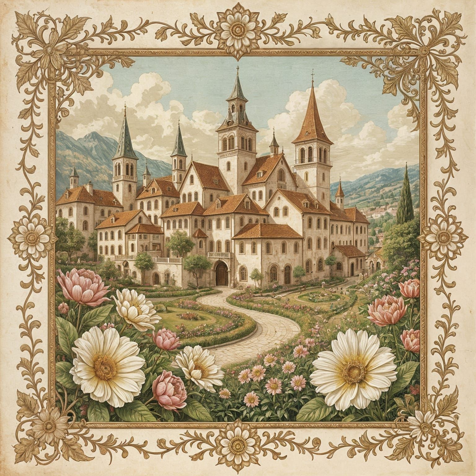 Medieval City in Flower Garden with Sepia Tones