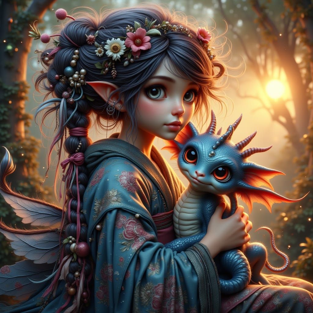 Woman and Dragon Hatchling in Dreamlike Style