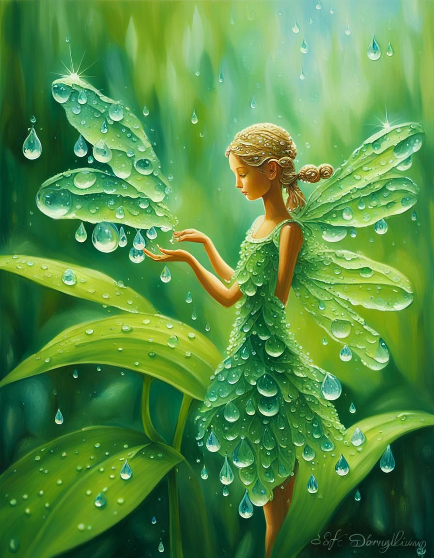 Water Droplet Fairy in Lush Green Forest