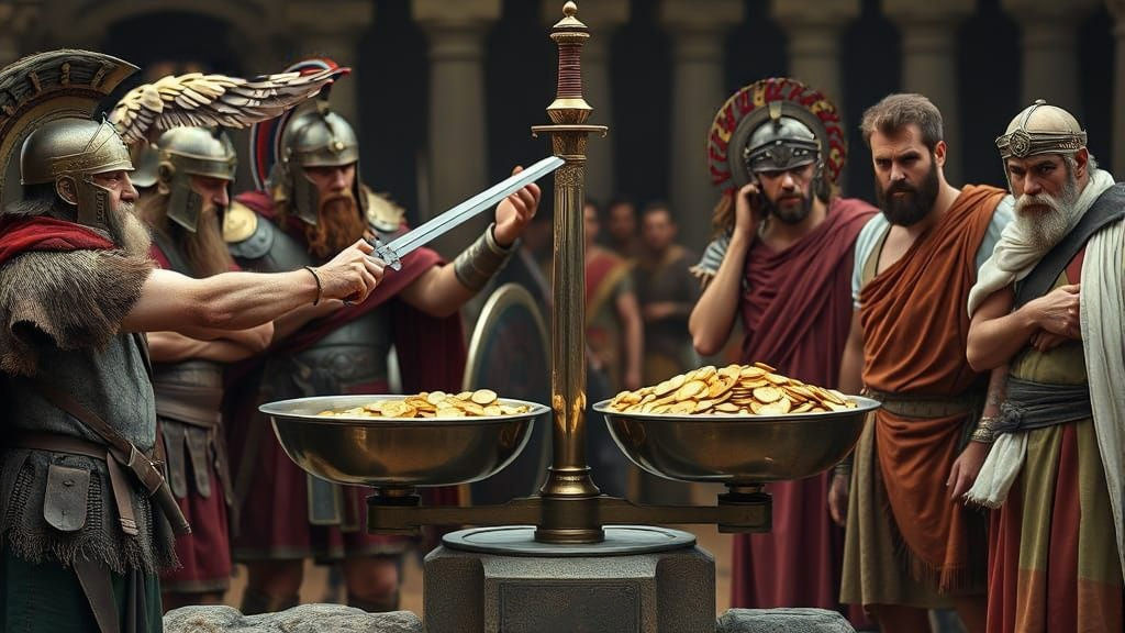 Gallic Chief Demands Ransom from Romans: Historical Scene