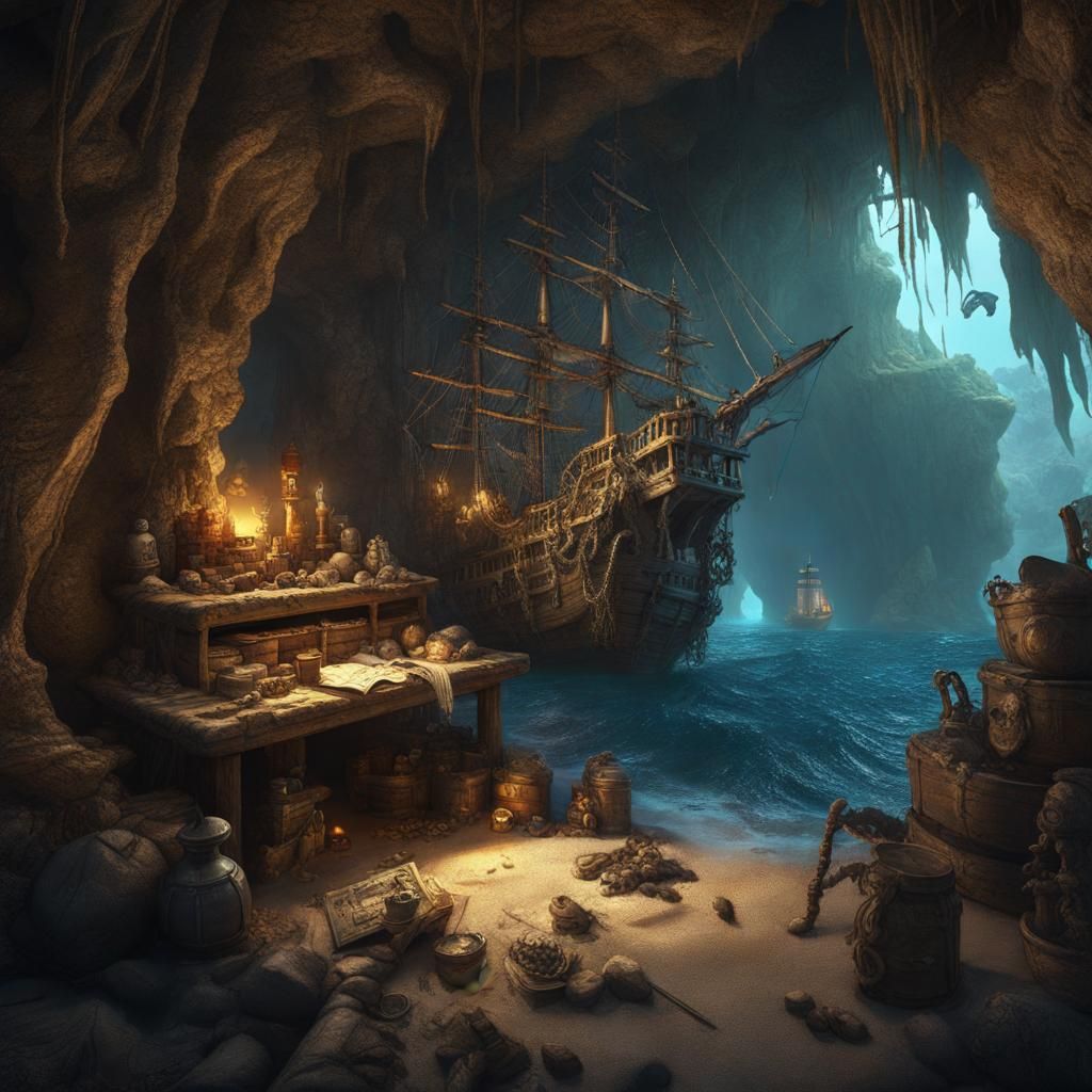 Pirate Treasure Cave with Skeleton: Digital Matte Painting