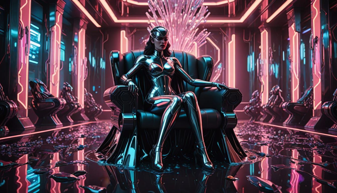 Chrome Superheroine Melts in Futuristic Art Deco Throne Room