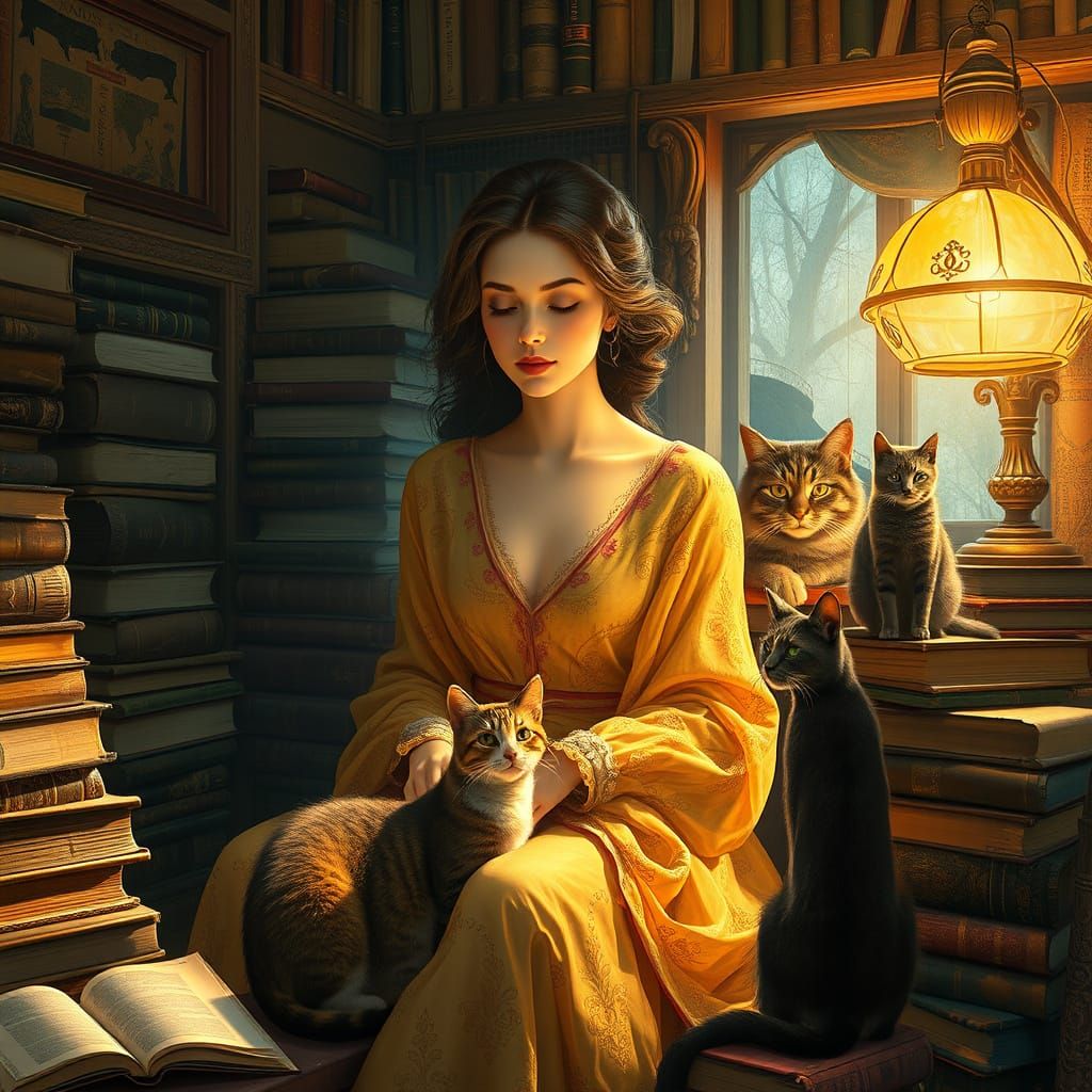 Woman in Whimsical Literary Haven