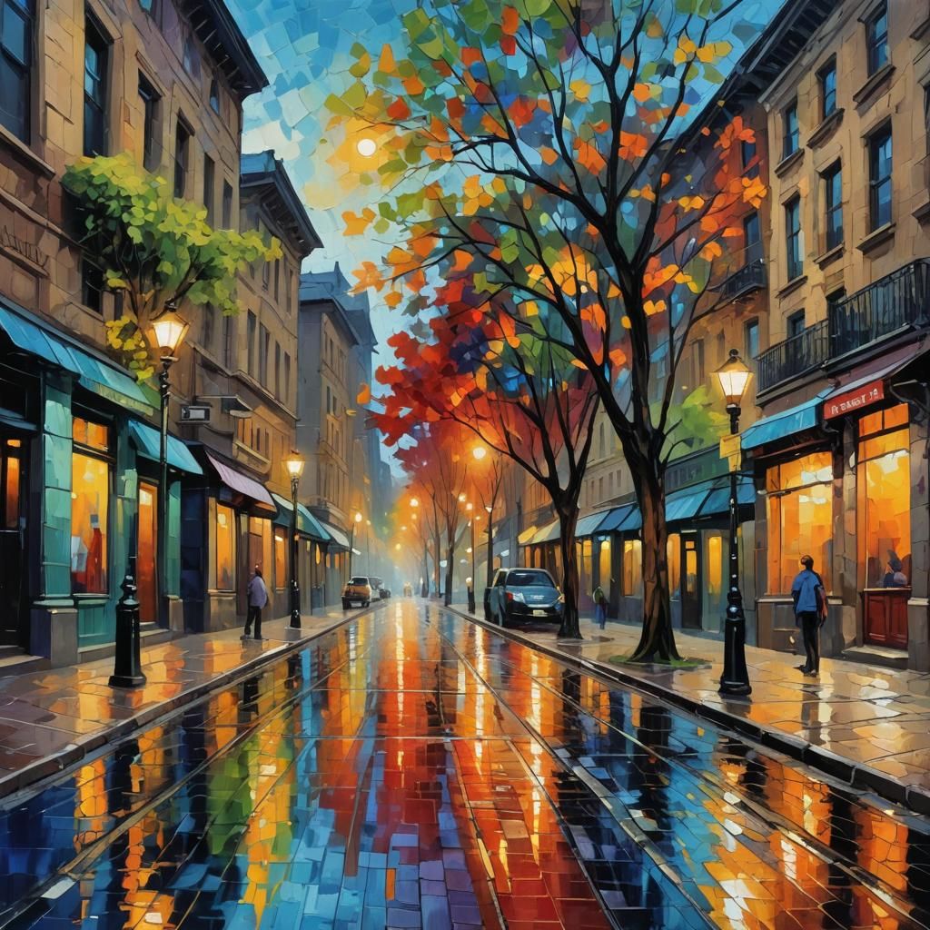 Expressionist Street Scene in Neo-Impressionism Style