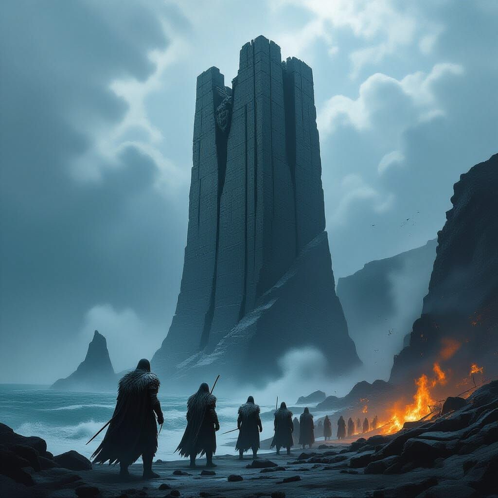 Viking Tower on Stormy Cliff in Dark Fantasy Style