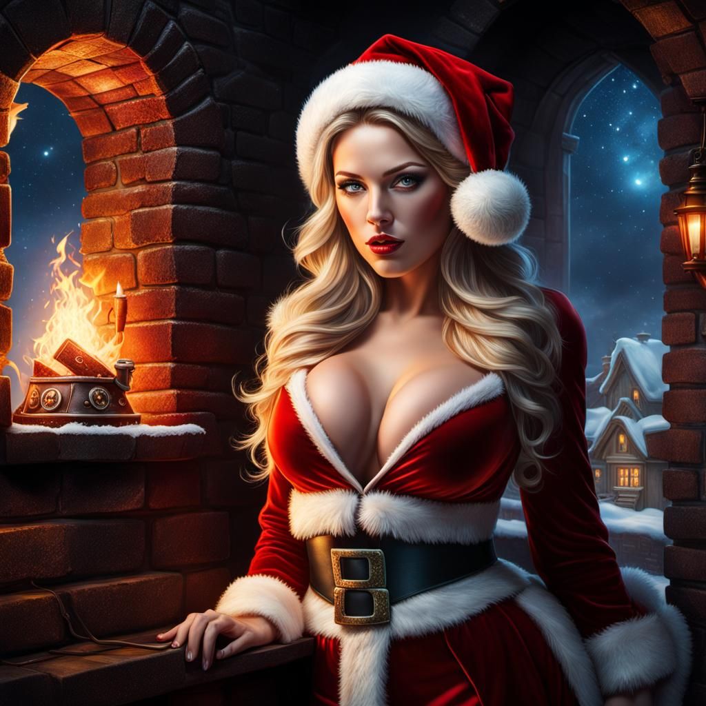 Female Santa Claus in a castle or something