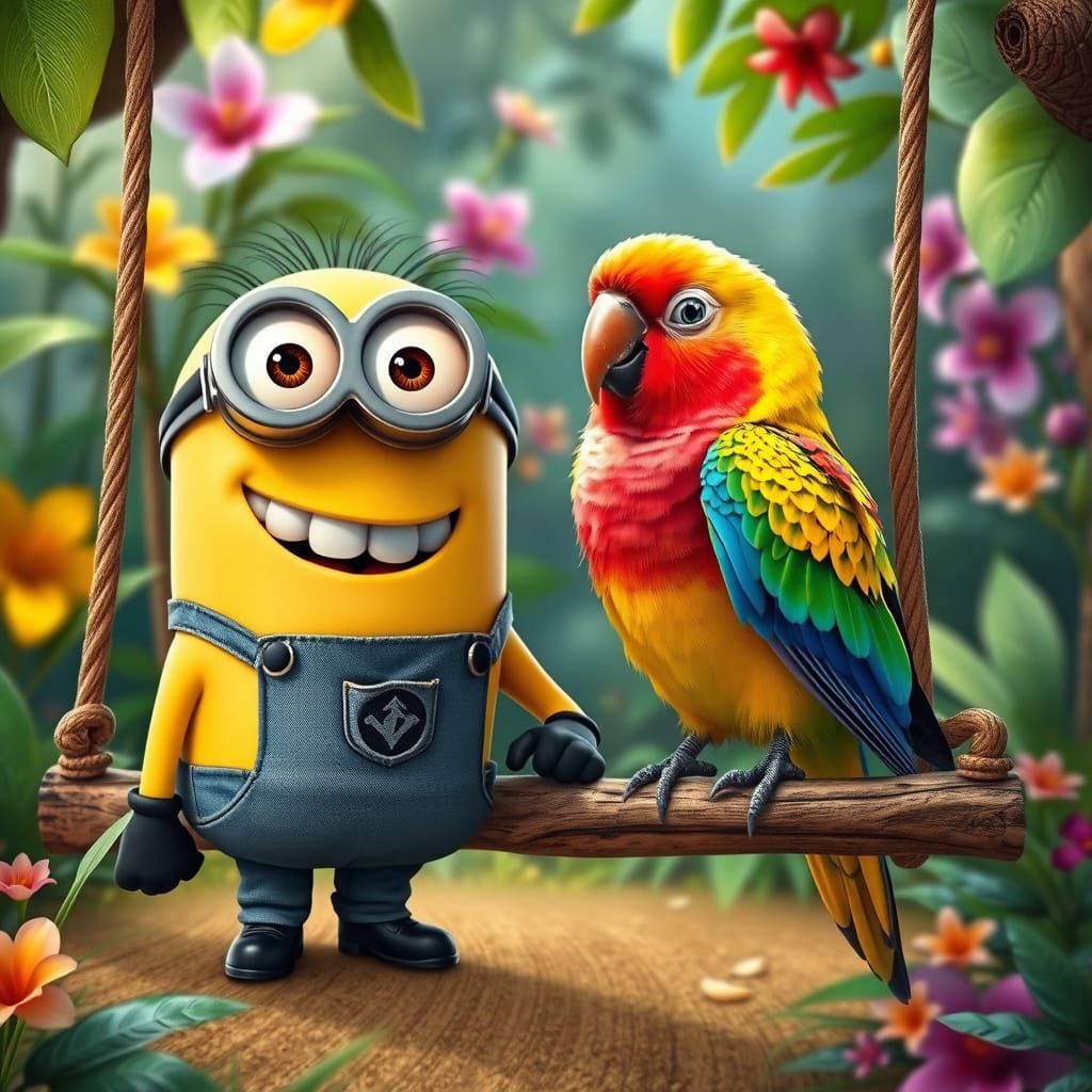Minion Friends with a Colorful Parakeet in a Whimsical Garde...