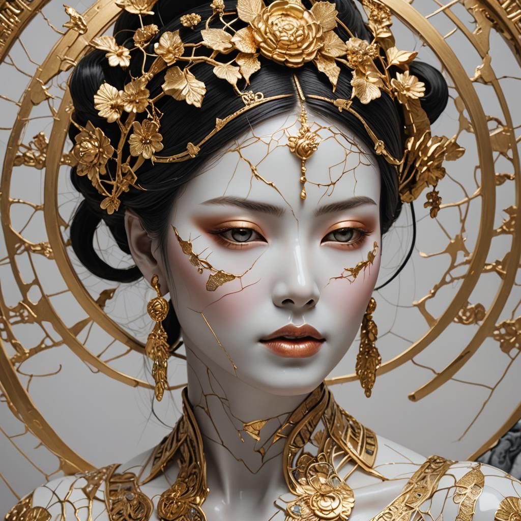 Golden Kintsugi Woman Meditating in Razumovskaya Style