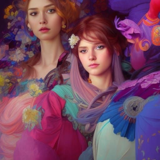 Detailed Portrait of Genies in Colorful Costumes