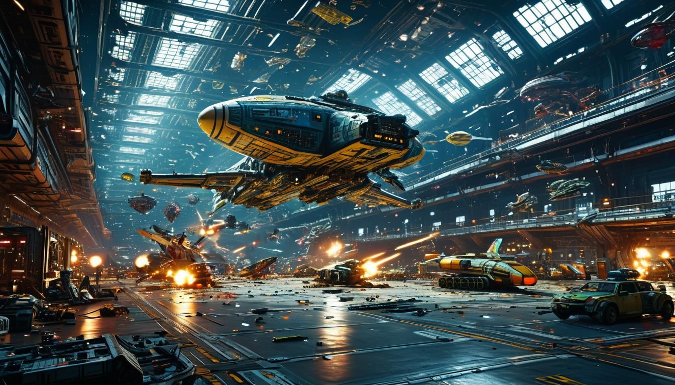 Retrofuturistic Battle Rages in a Starship Hangar