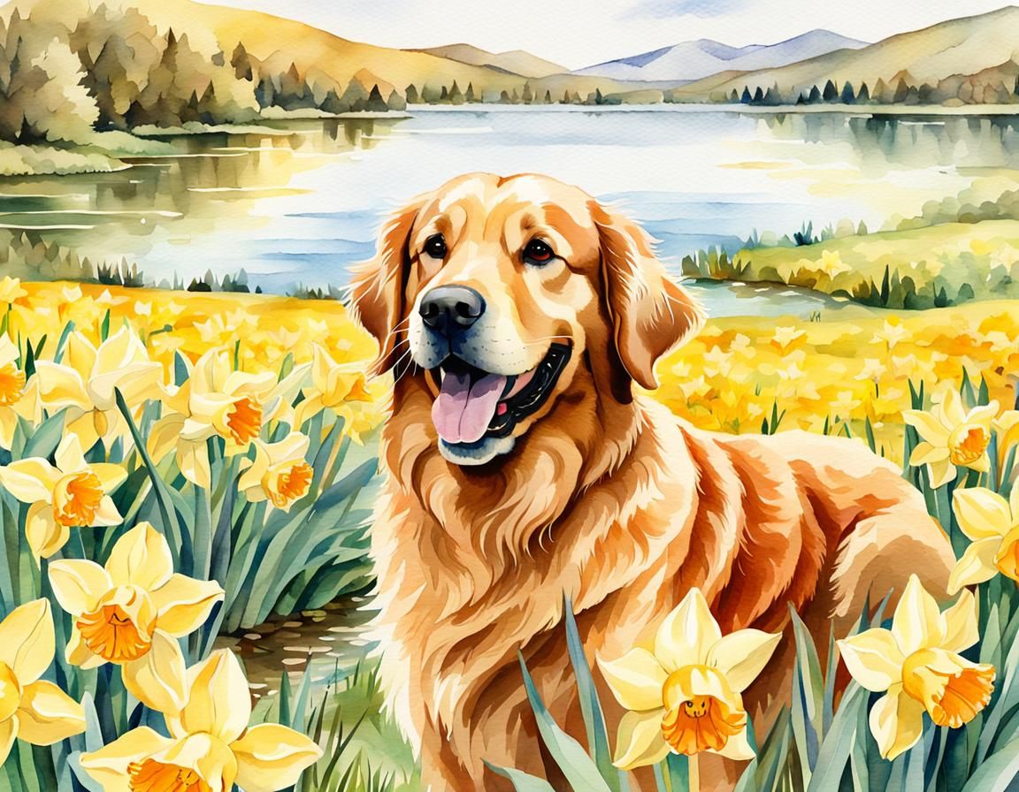 Golden Retriever in Daffodil Field Watercolor