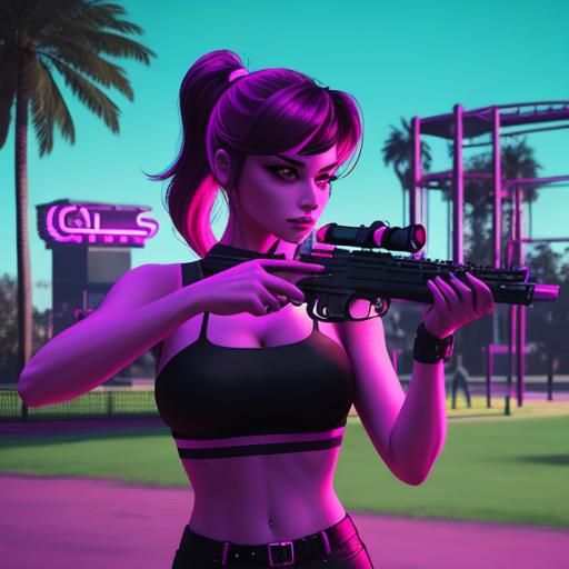 Girl at Park with Dogs in Synthwave Neon Style