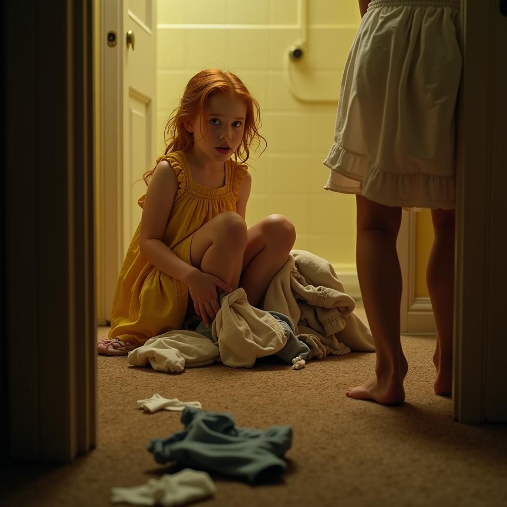 Terrified Girl in Bathroom: Gritty Realism Scene