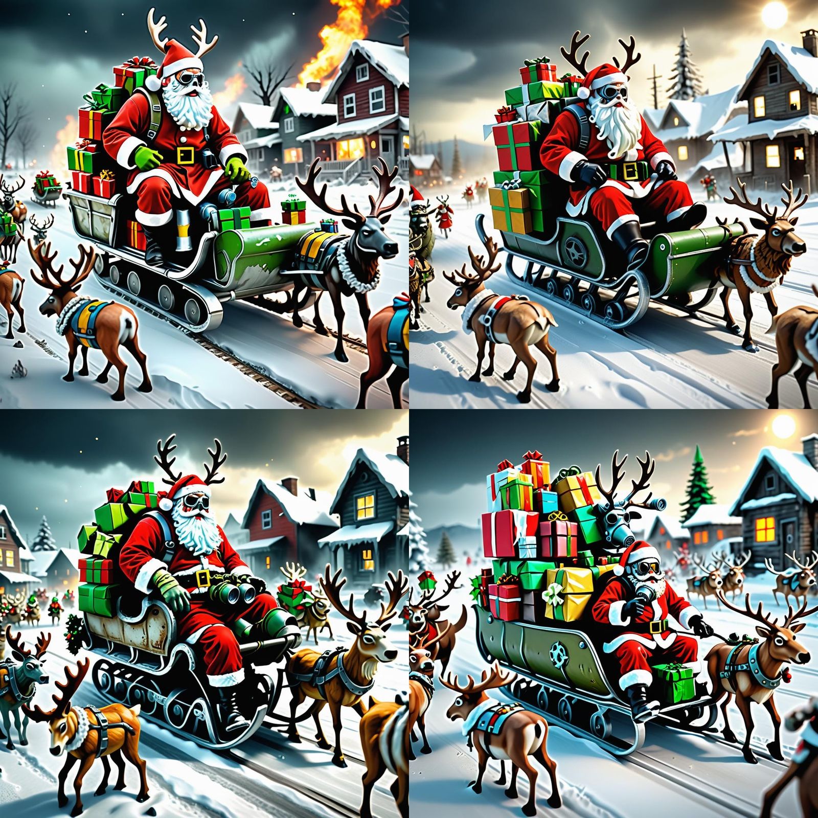 Post nuclear fallout wasteland Santa Claus wearing a gas mask and body armor delivering presents to the children of the ...