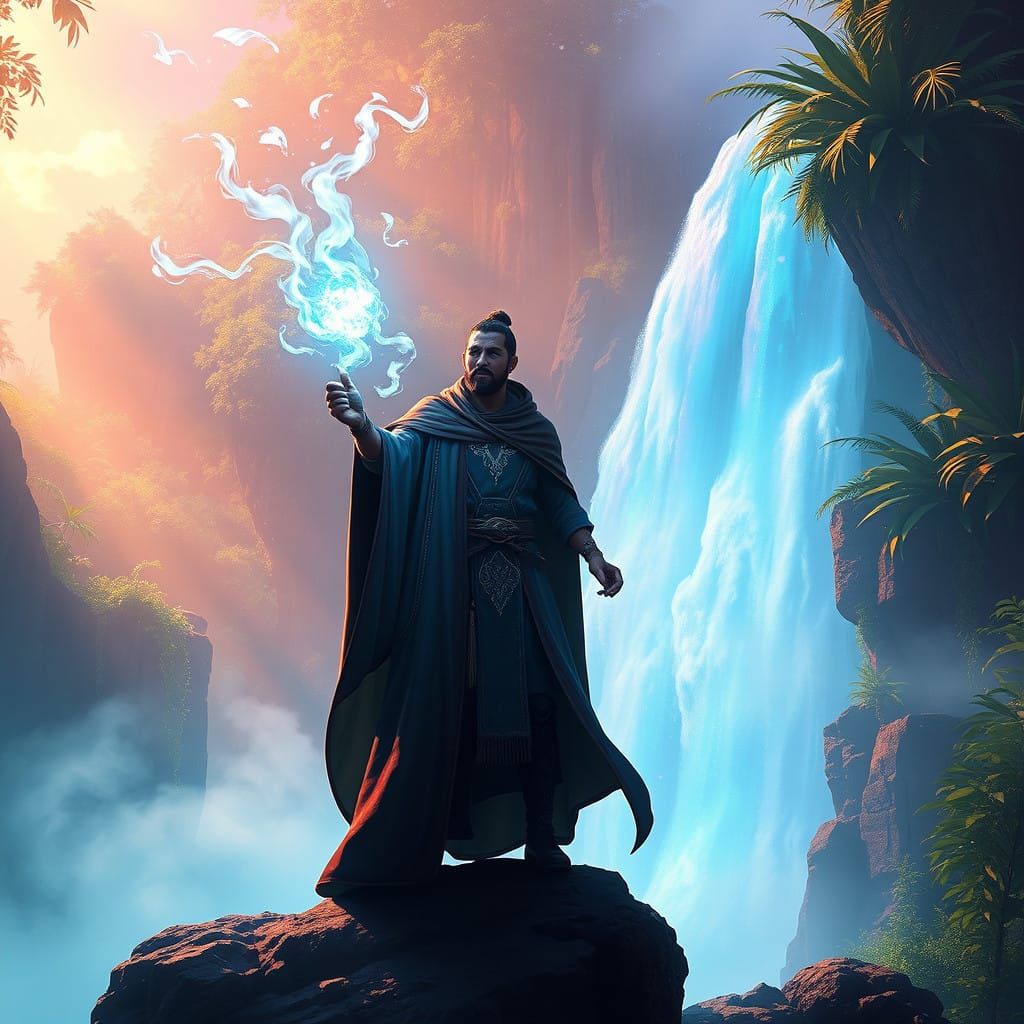 Mystical Sorcerer Amidst Luminous Waterfall in Vibrant Fanta...