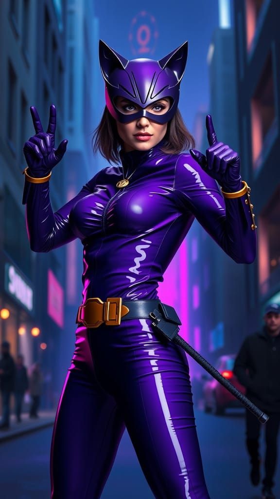 Elegant Arab Catwoman in Film Noir Cityscape