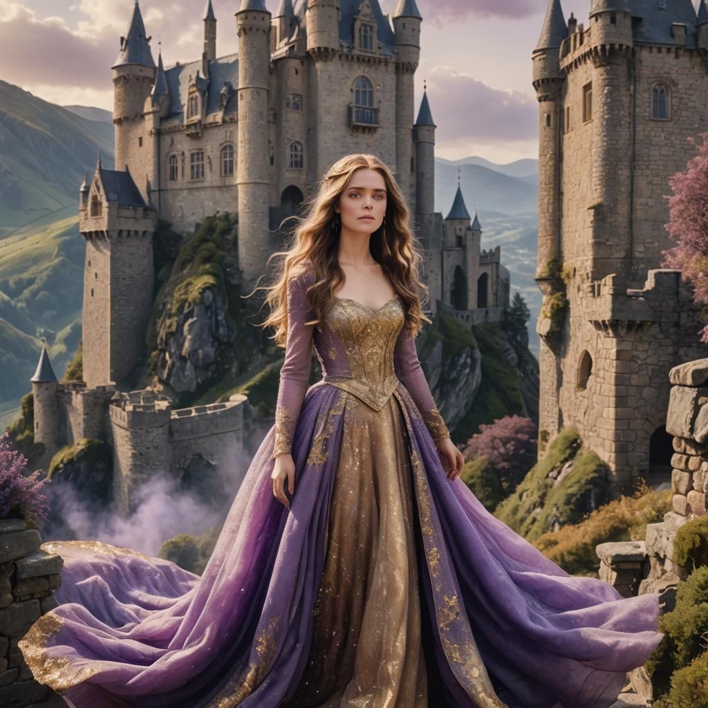Golden-Haired Girl in Purple Gown on Mountain Castle