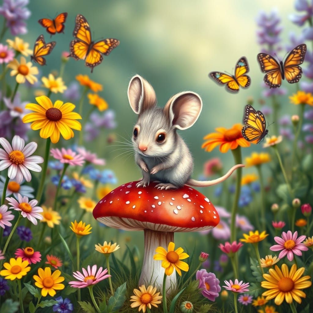 Adorable Mouse-Bunny Hybrid in a Whimsical Garden Scene