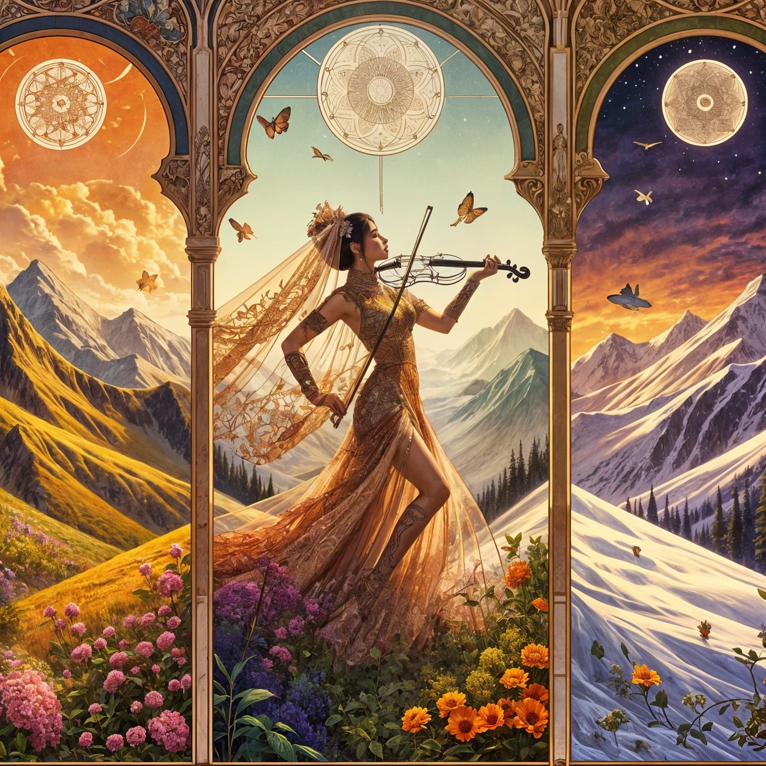 Art Nouveau South Asian Woman Plays Violin Amidst the Season...