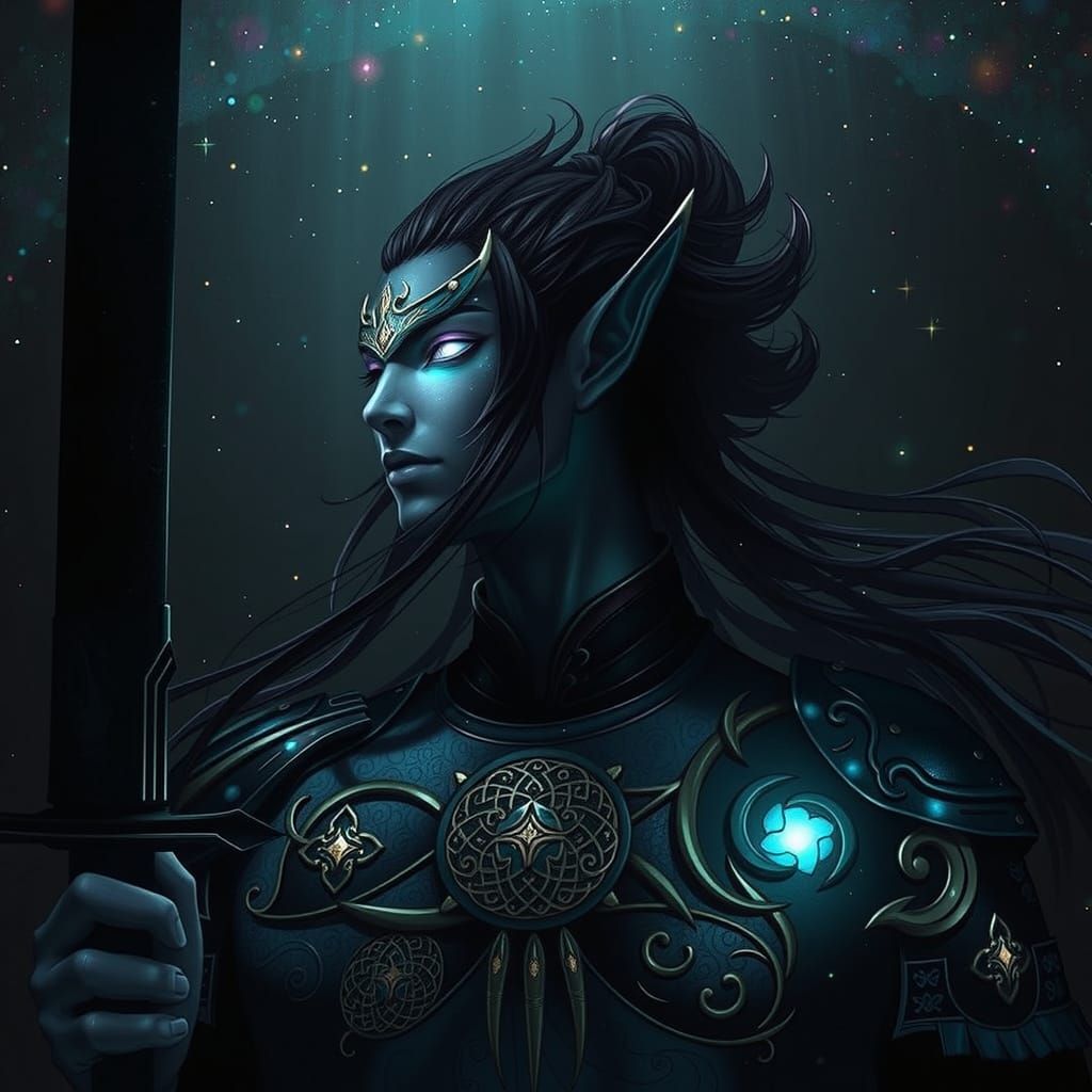 Majestic Drow Elf Samurai in Ethereal Nebula