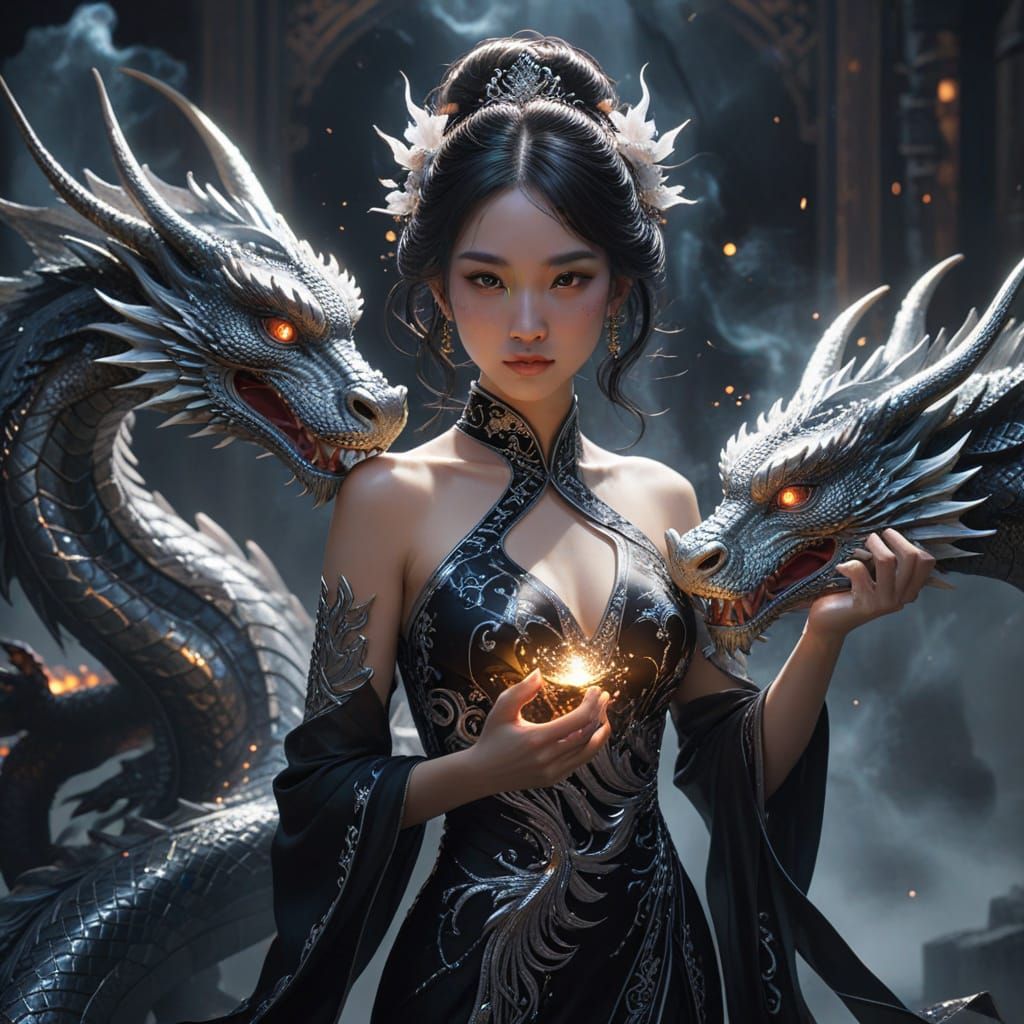 Goddess with Celestial Dragons in Anime Style