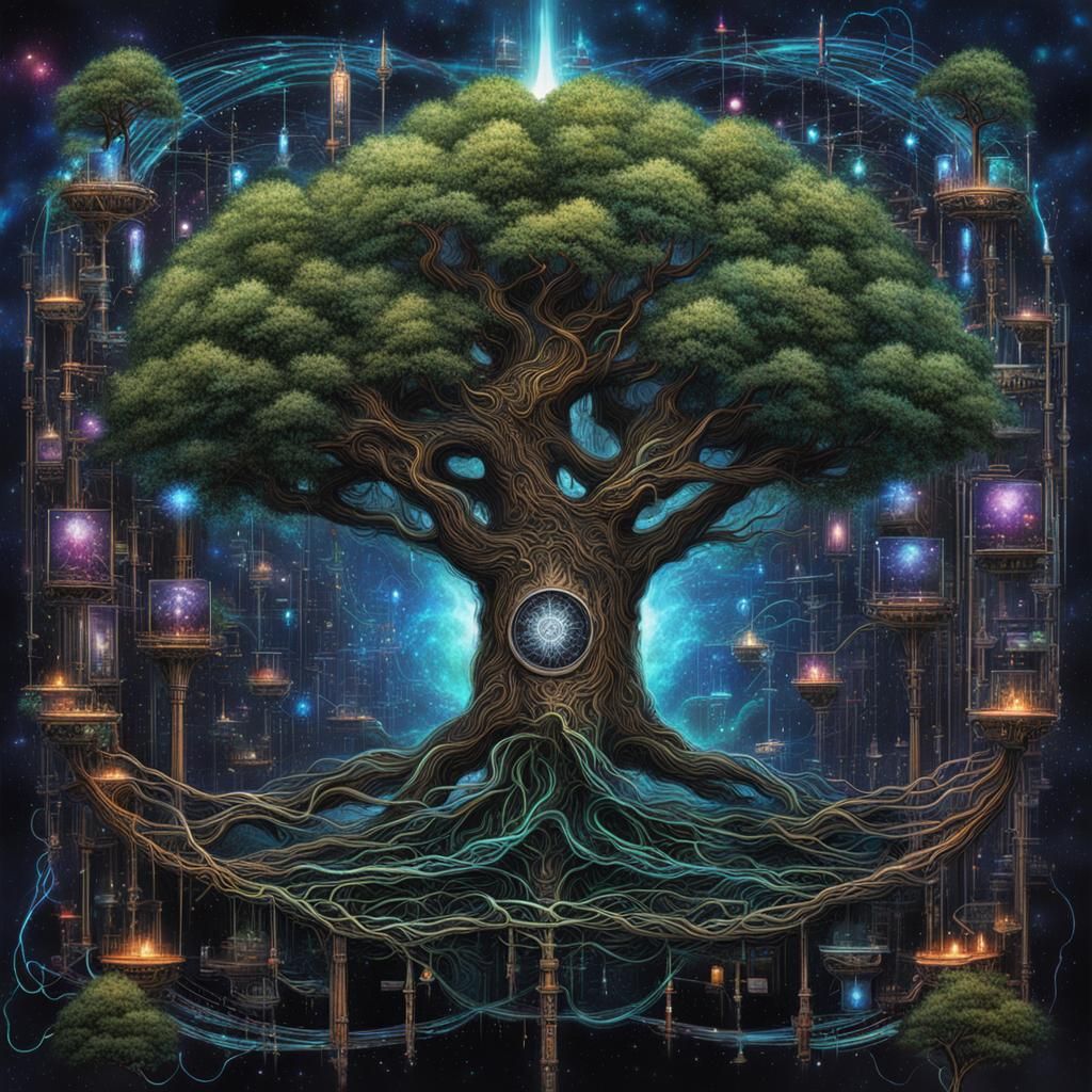 Cyberpunk Tree of Life with Galactic Tendrils