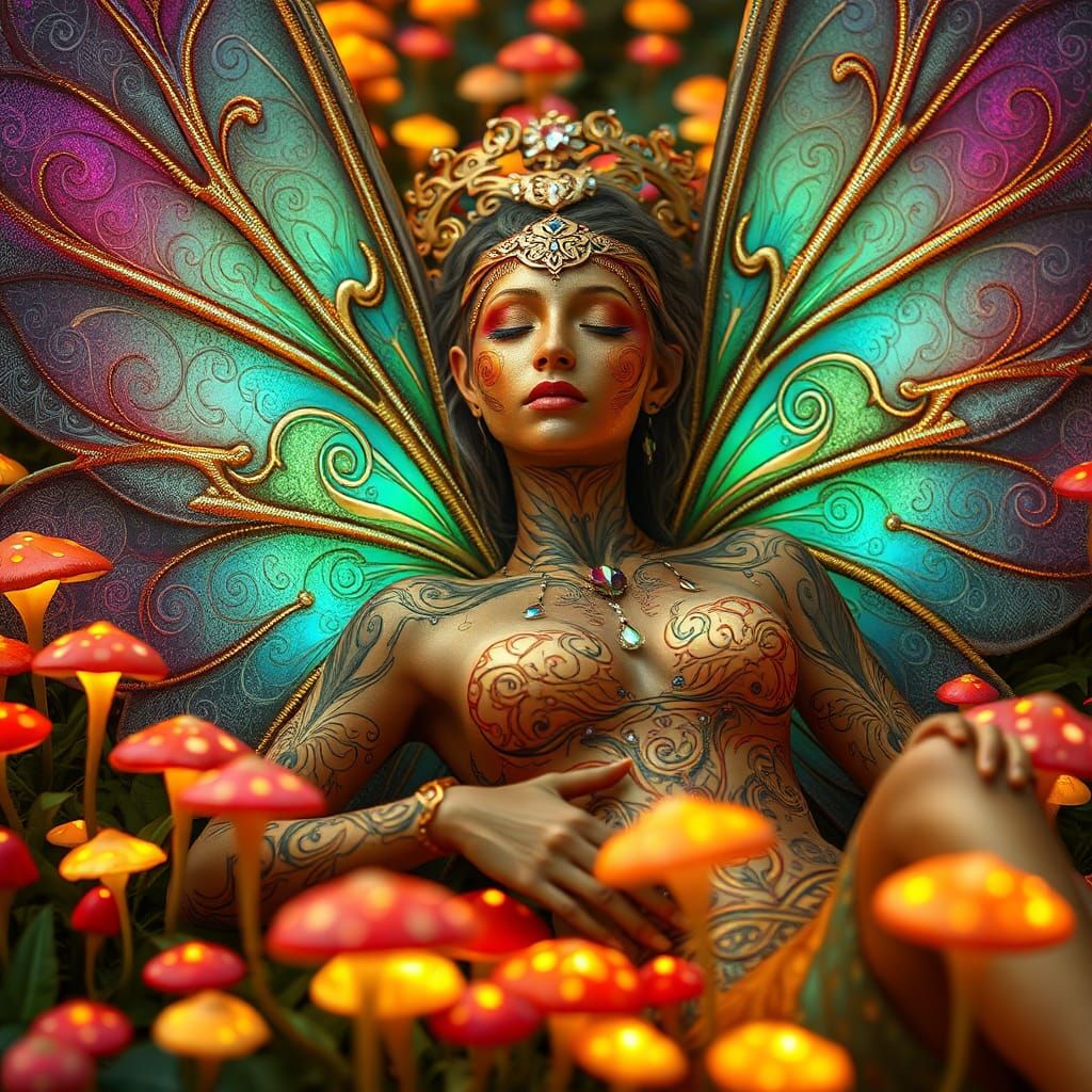 Faerie Queen in Mushroom Field, Fantasy Art