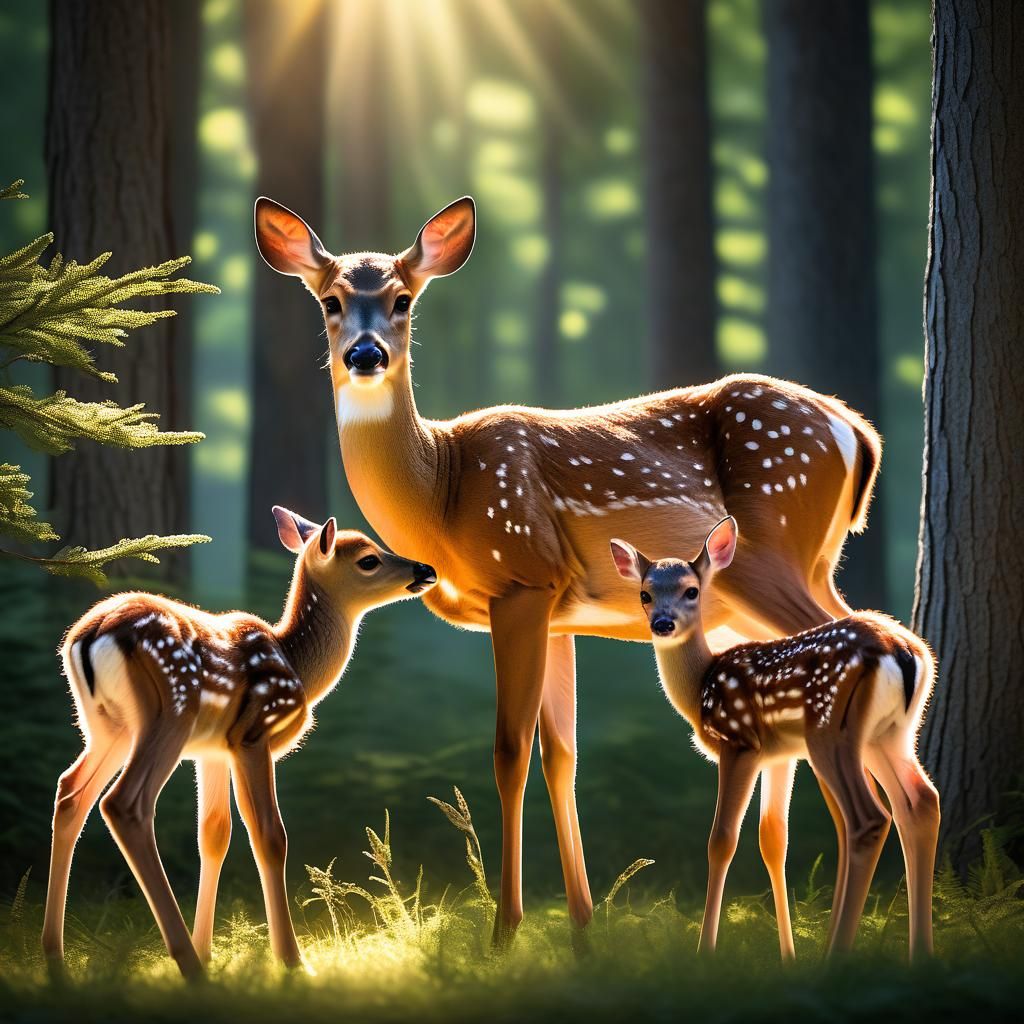 Doe Nursing Fawns in Forest Clearing