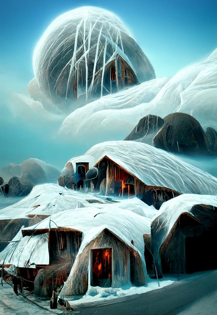 Eskimo Village with Northern Lights, Digital Art