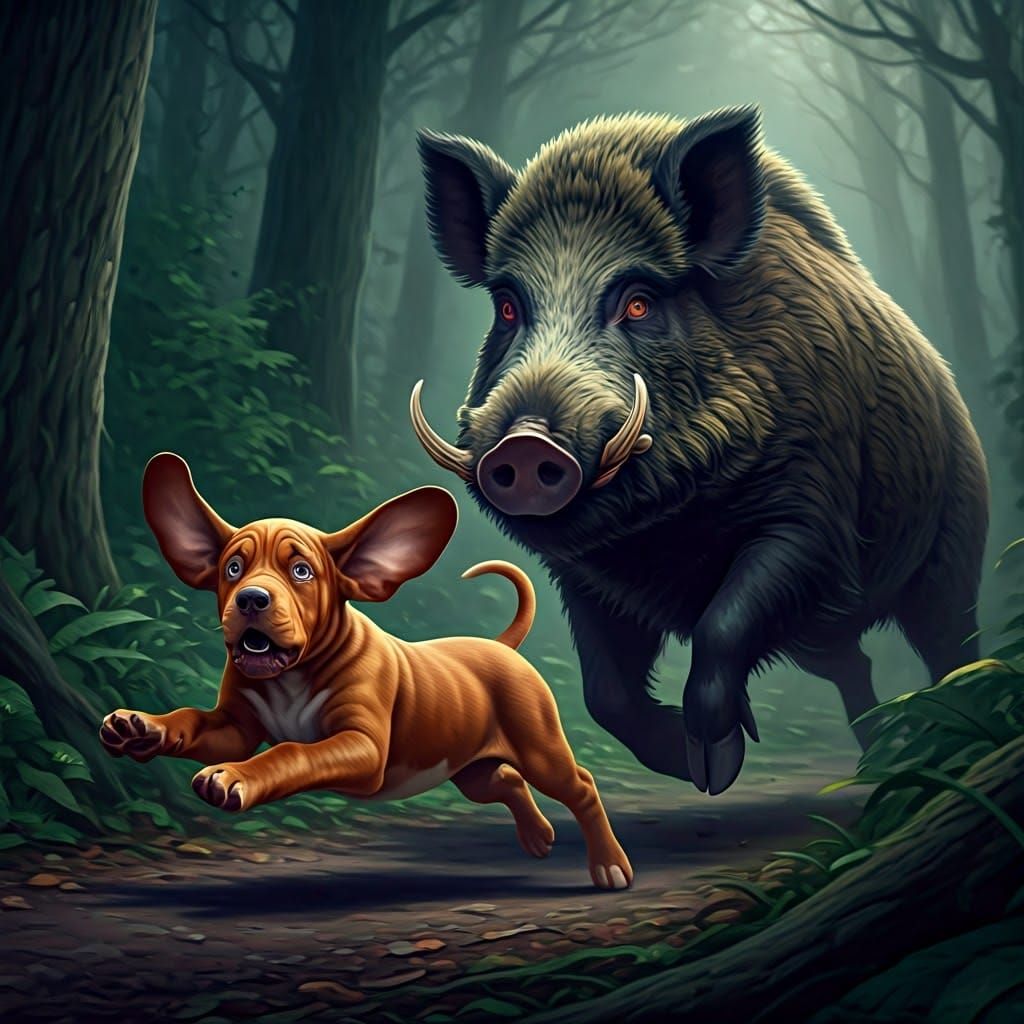 Puppy's Perilous Escape: Wild Boar Chase in Dark Fantasy